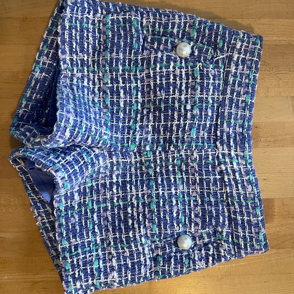Blue Tweed Shorts with Pearl Buttons